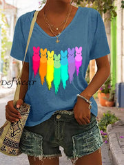 Women’s Easter Colorful Love Rabbit Print V-Neck T-Shirt Blue / S