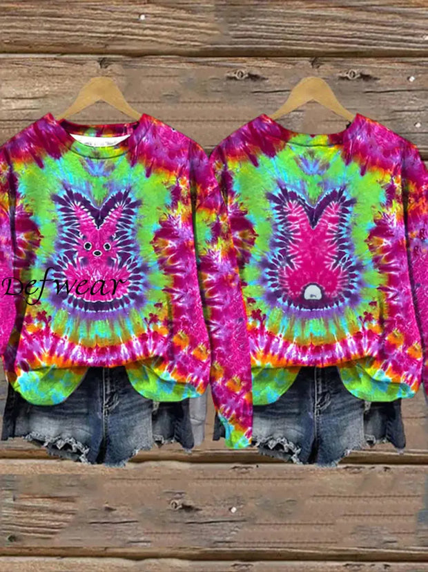 Women’s Easter Colorful Tie Dye Bunny Casual Loose Sweatshirt As picture / S