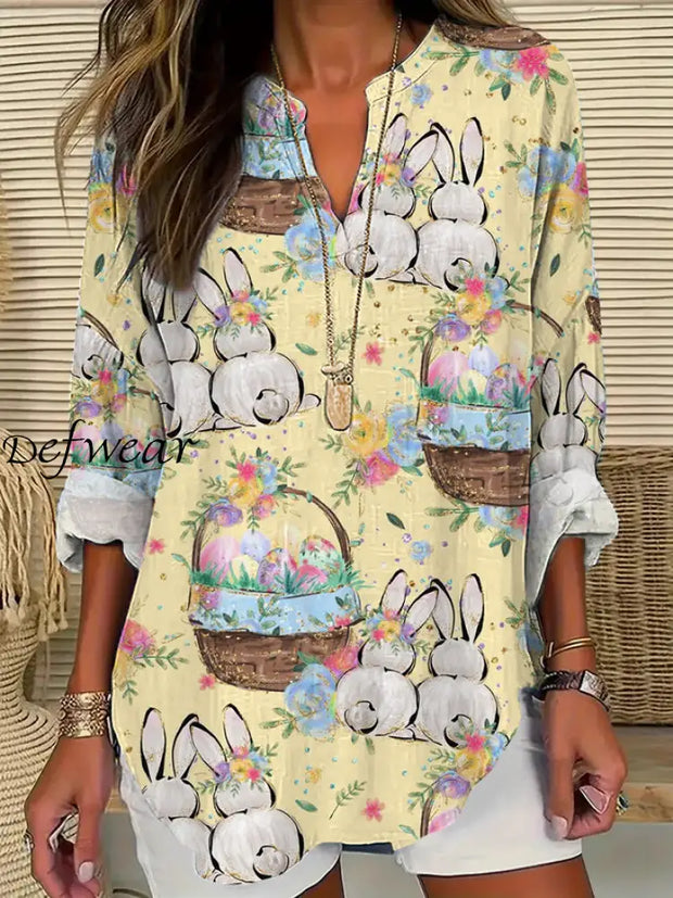 Women’s Easter Cute Bunny Eggs Print V-Neck Cotton Linen Long Sleeve T-Shirt Yellow / S