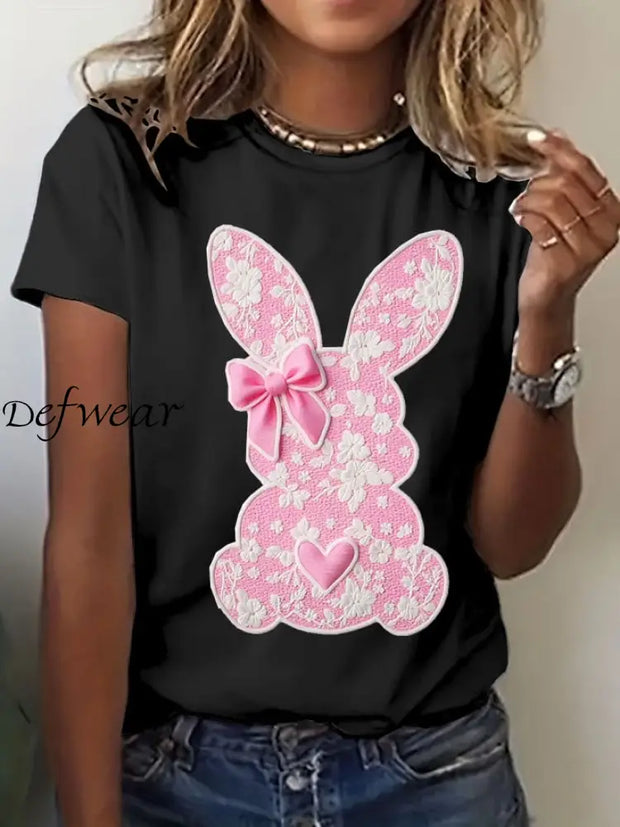 Women’s Easter Cute Bunny Print Short Sleeve T-Shirt Black / S