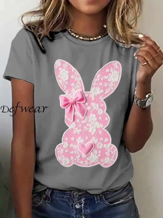 Women’s Easter Cute Bunny Print Short Sleeve T-Shirt Gray / S