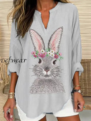 Women’s Easter Cute Bunny Print V-Neck Long Sleeve Cotton Linen Shirt Light Gray / S