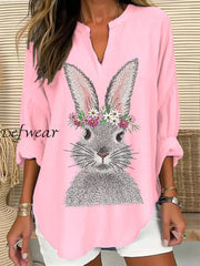 Women’s Easter Cute Bunny Print V-Neck Long Sleeve Cotton Linen Shirt Pink / S