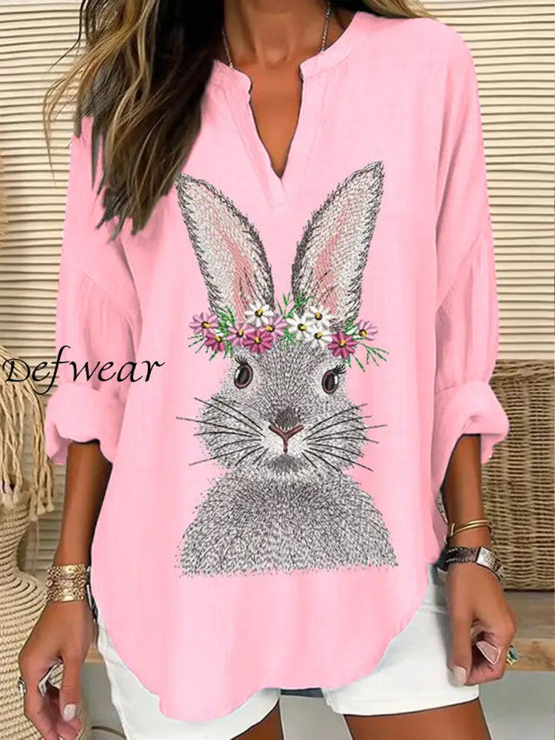 Women’s Easter Cute Bunny Print V-Neck Long Sleeve Cotton Linen Shirt Pink / S