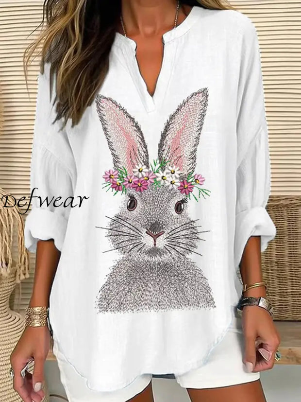 Women’s Easter Cute Bunny Print V-Neck Long Sleeve Cotton Linen Shirt White / S