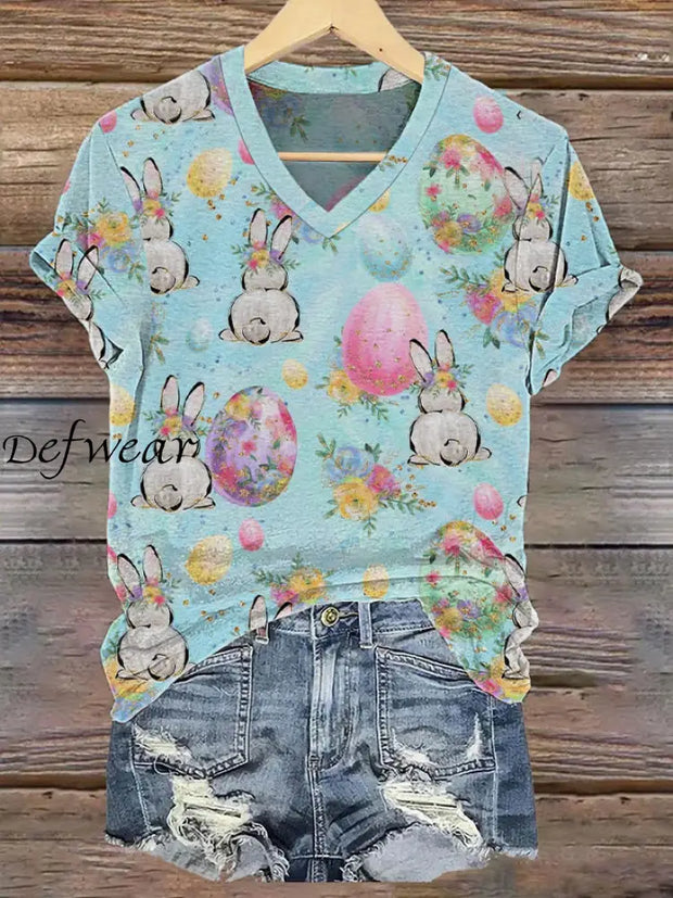 Women’s Easter Cute Bunny Print V-Neck Short Sleeve T-Shirt Lake Blue / S