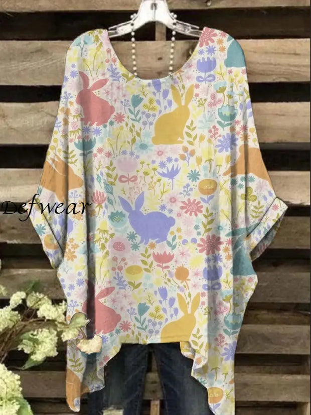 Women’s Easter Floral Art Bunny Print Irregular Top Apricot / S