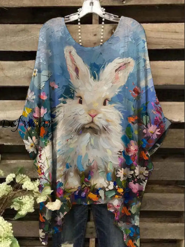 Women’s Easter Floral Art Bunny Print Irregular Top Blue / S