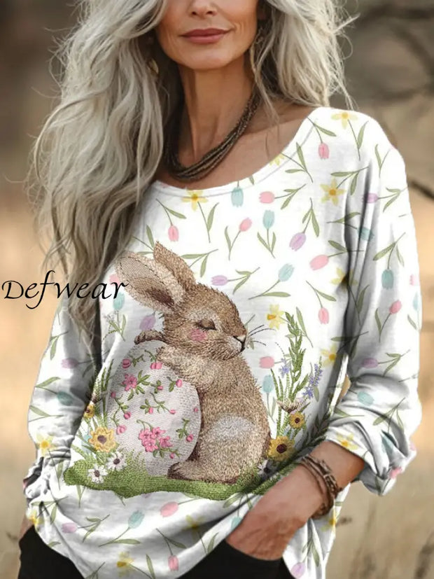 Women’s Easter Floral Bunny Art Printed Top White / S