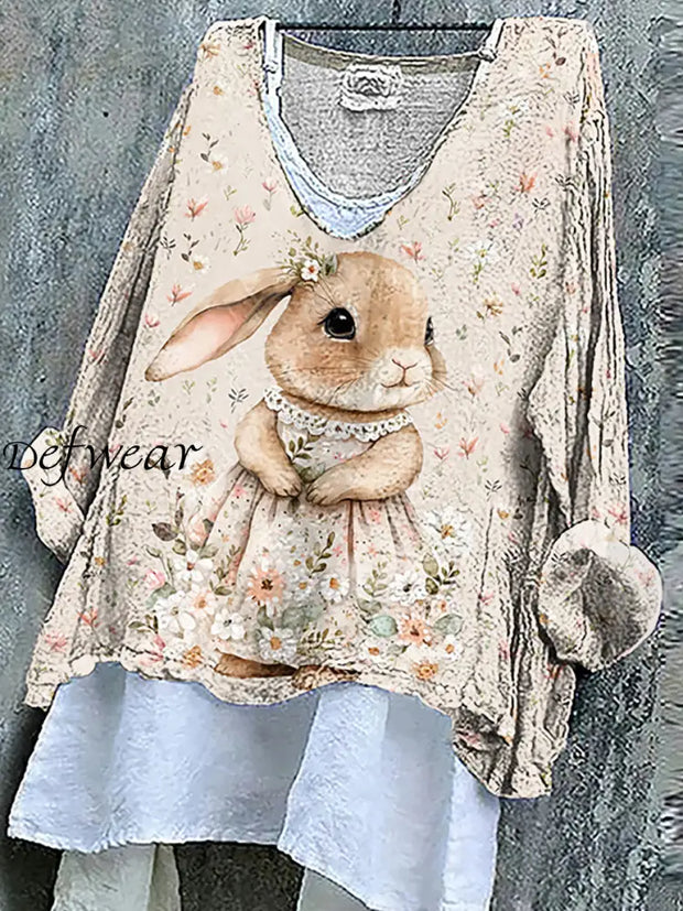 Women’s Easter Floral Bunny Linen Top Apricot / S