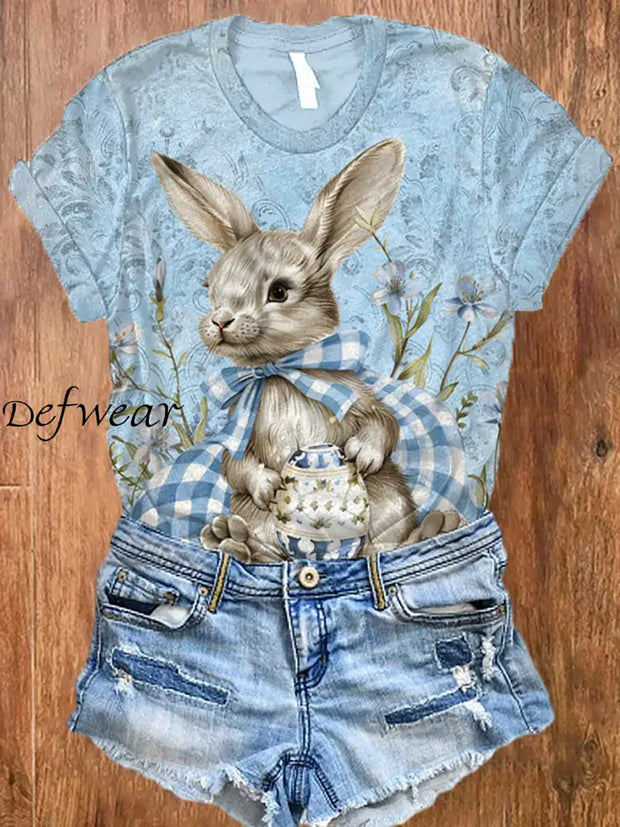 Women’s Easter Floral Bunny Print T-Shirt Blue / S