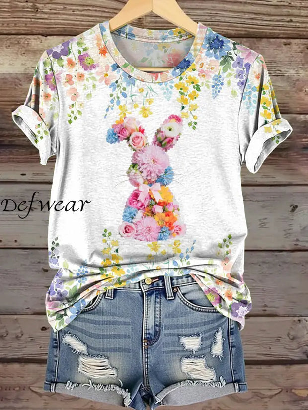 Women’s Easter Floral Bunny Printed Casual Short Sleeve Shirt As picture / S