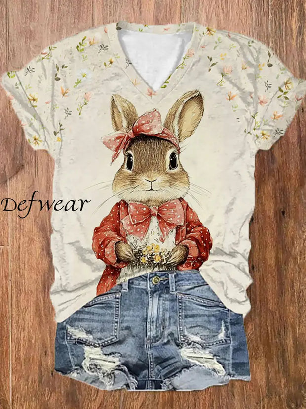 Women’s Easter Floral Bunny Printed V-Neck T-Shirt As picture / S