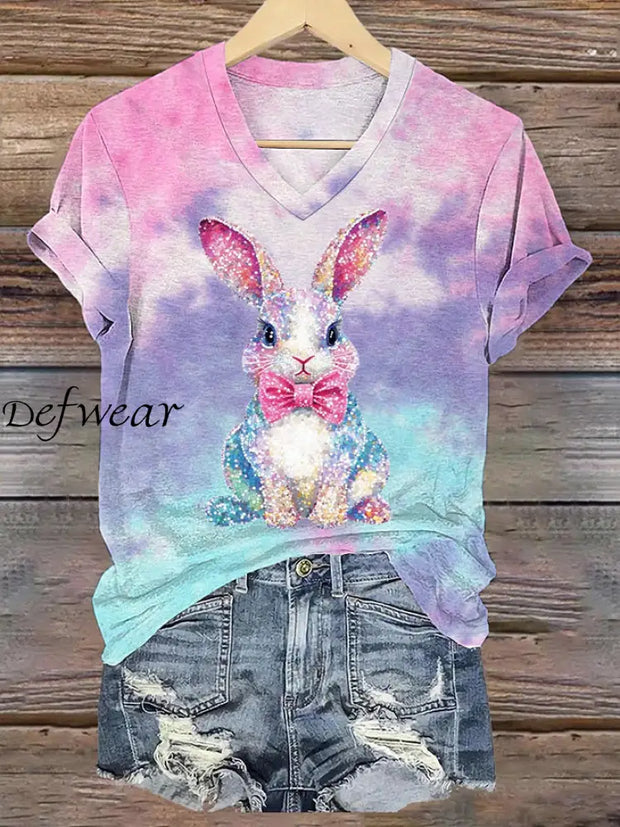 Women’s Easter Glitter Bunny Print V-Neck Short Sleeve T-Shirt As picture / S