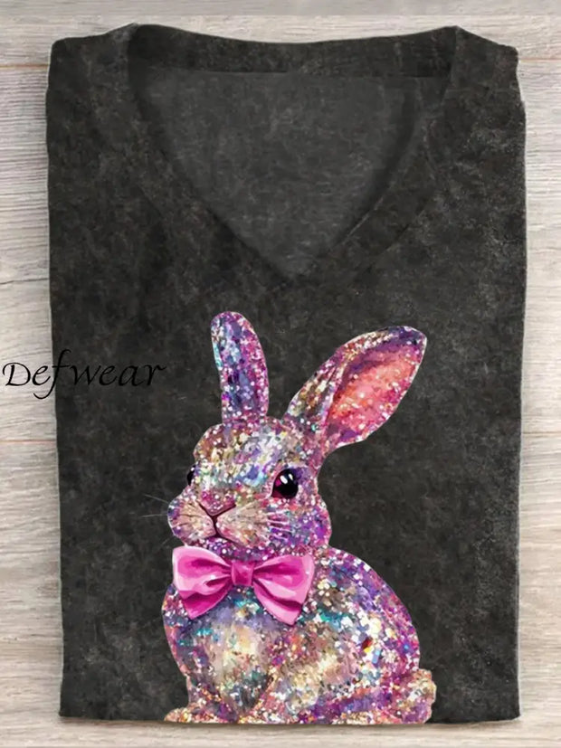 Women’s Easter Glitter Bunny Print V-Neck Short Sleeve T-Shirt Black / S