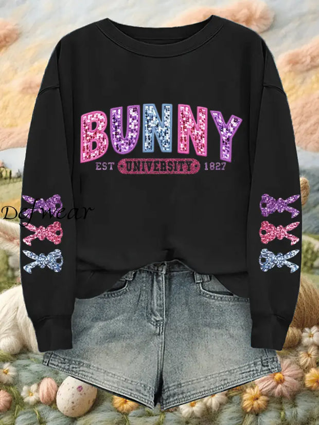 Women’s Easter Glitter Bunny University Printed Sweatshirt Black / 2XL