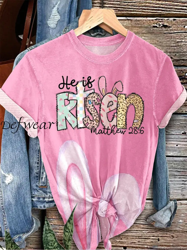 Women’s Easter He Is Risen Cross Christian Print Crew Neck T-shirt Pink / S