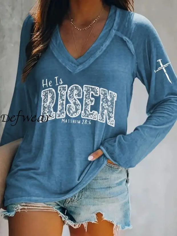 Women’s Easter He Is Risen Print V-Neck Long Sleeve T-Shirt Blue / S