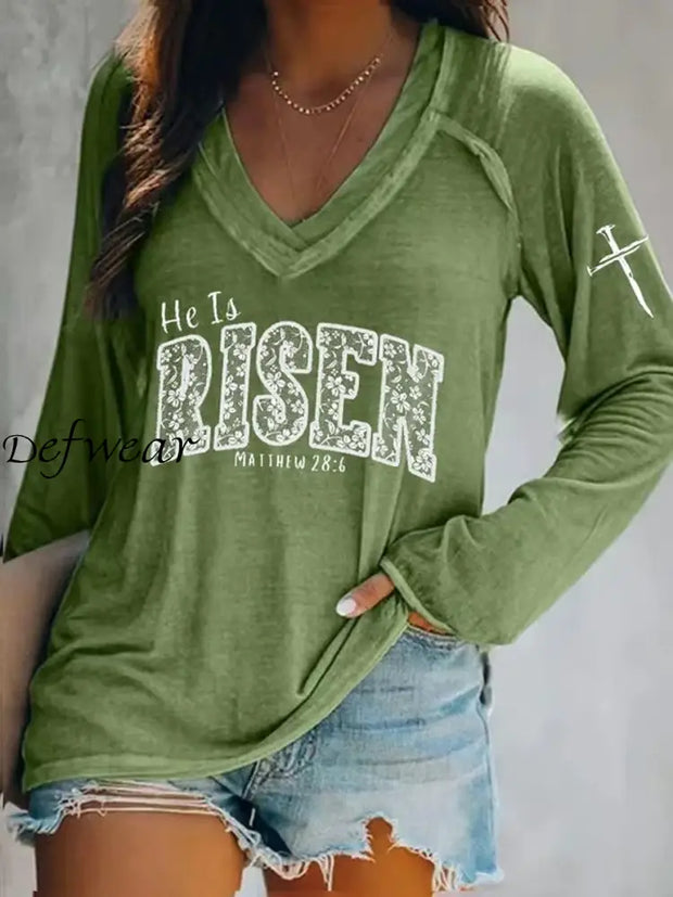 Women’s Easter He Is Risen Print V-Neck Long Sleeve T-Shirt Green / S