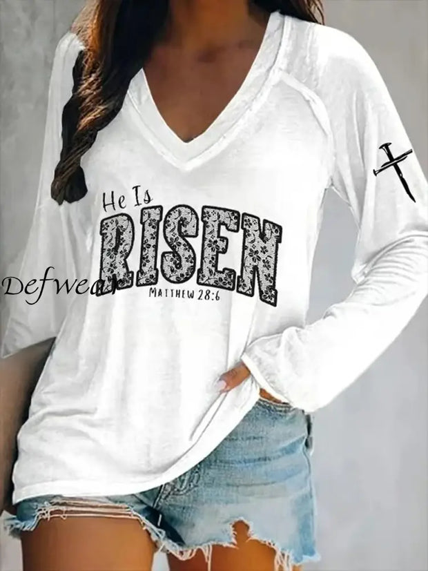 Women’s Easter He Is Risen Print V-Neck Long Sleeve T-Shirt White / S