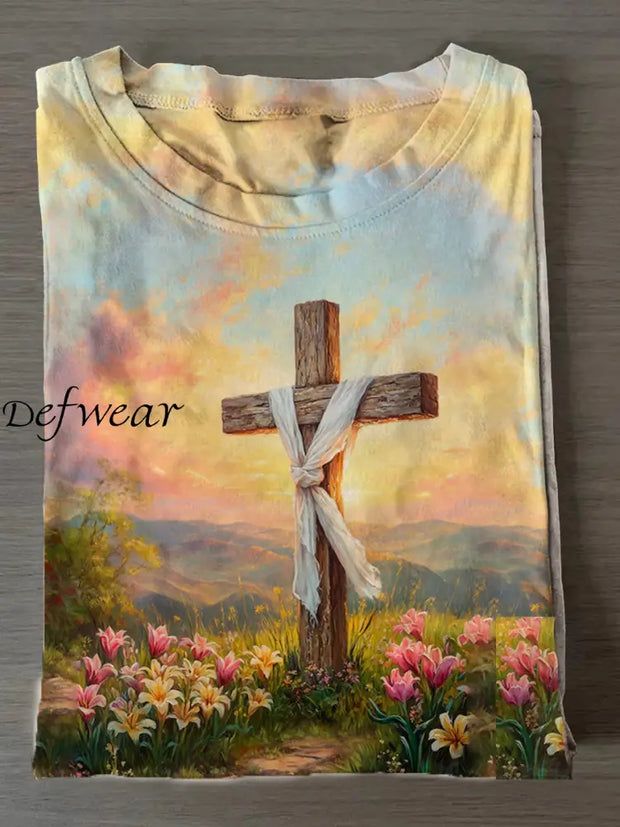 Women’s Easter Jesus Cross Printed Crew Neck T-Shirt As picture / S