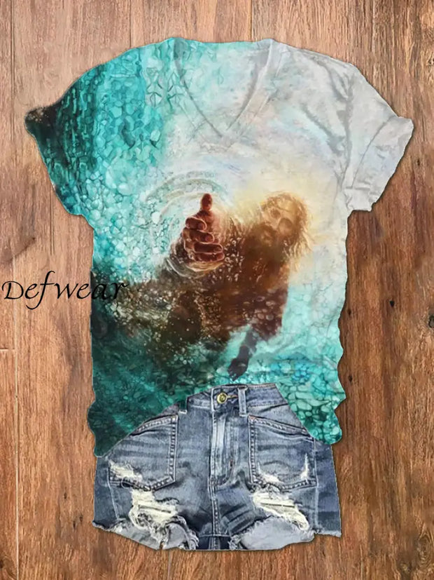 Women’s Easter Jesus Print V-Neck T-Shirt As picture / S