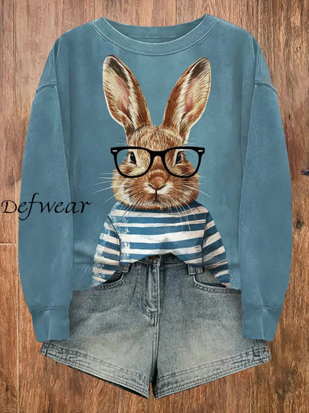 Women’s Easter Rabbit Glasses Print Sweatshirt Blue / S