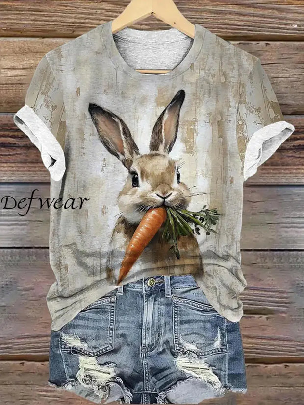 Women’s Easter Vintage Bunny Print Casual Linen O-Neck T-shirt Apricot / S