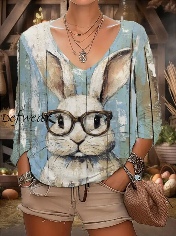 Women’s Easter Vintage Bunny Print Casual Linen V Neck Long Sleeve T-shirt Light Blue / S