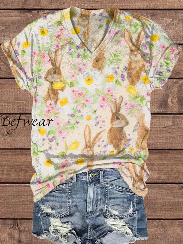 Women’s Eatser Bunny Art Floral Printed Shirt As picture / S