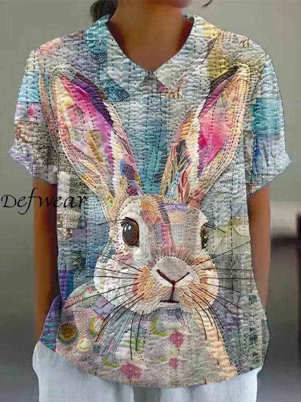 Women’s Eatser Cute Bunny Pattern Printed Short Sleeve Cotton Linen Shirt Colorful / S