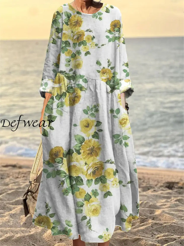 Women’s Fashion Elegant Art Floral Print Round Neck Long Sleeve Dress A / S