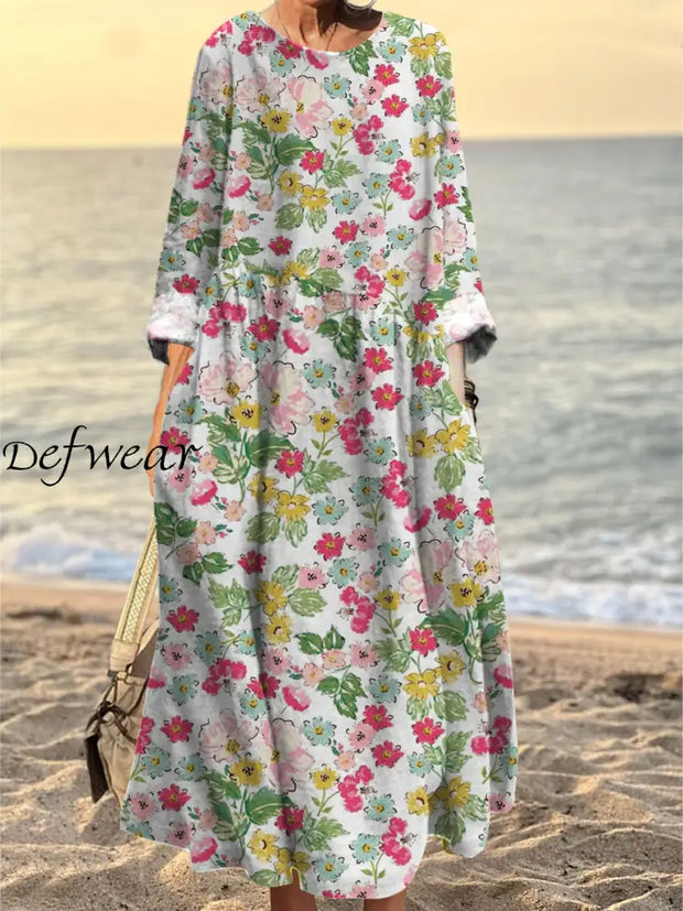 Women’s Fashion Elegant Art Floral Print Round Neck Long Sleeve Dress A / S