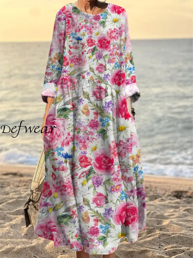 Women’s Fashion Elegant Art Floral Print Round Neck Long Sleeve Dress A / S