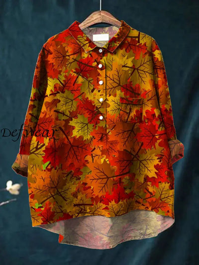 Women’s Fashion Elegant Art Maple Leaf Printed V-Neck Long Sleeve Pocket Button Shirt Tops A / S