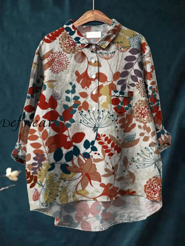 Women’s Fashion Elegant Art Print Long Sleeve V-Neck Pocket Button Shirt Tops A / S