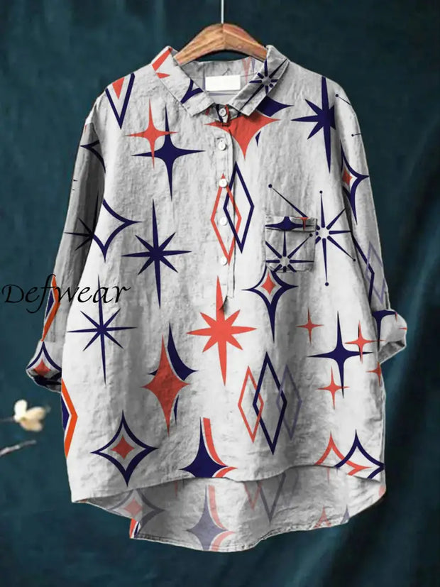 Women’s Fashion Elegant Art Print Long Sleeve V-Neck Pocket Button Shirt Tops A / S