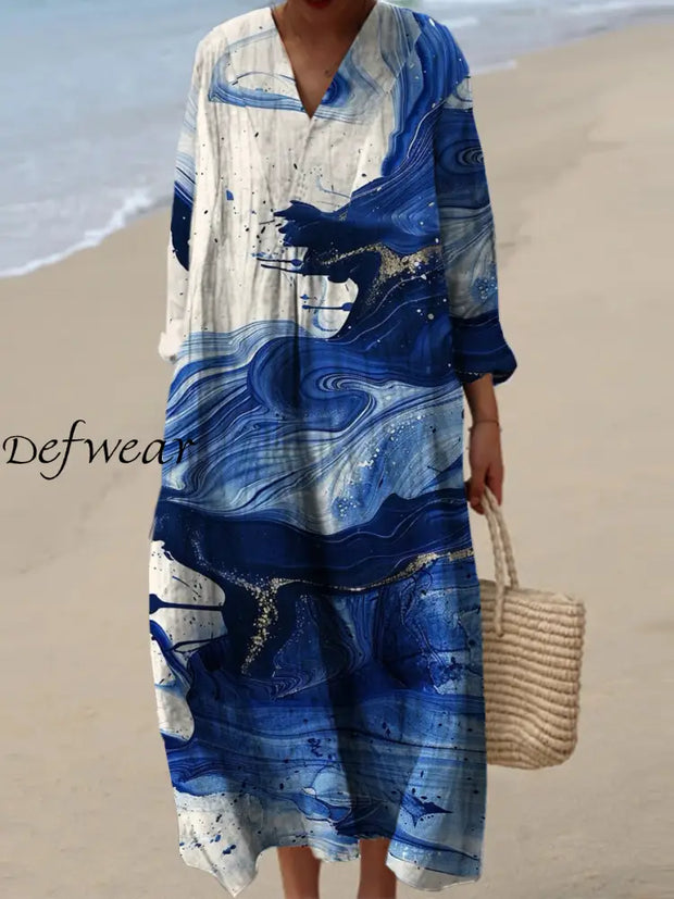 Women’s Fashion Elegant Art Print Three Quarter Sleeve V Neck Maxi Dress A / S