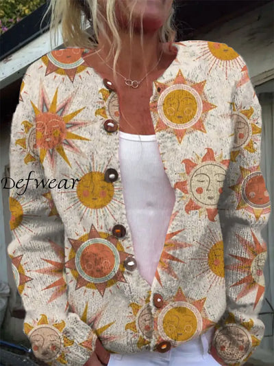 Women’s Fashion Elegant Art Print V-Neck Long Sleeve Button Cardigan Sweater A / S