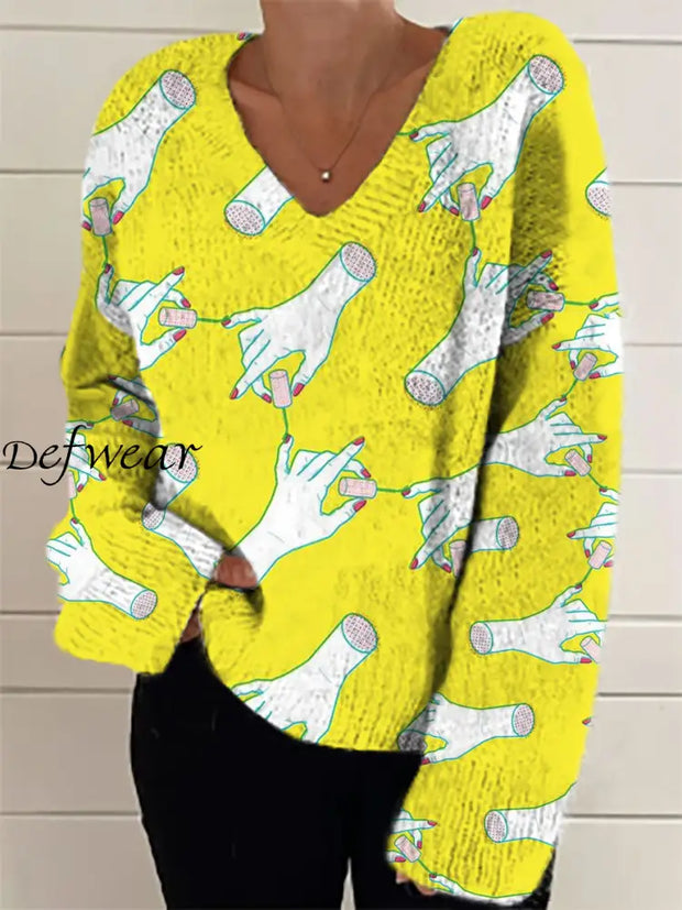 Women’s Fashion Elegant Art Print V-Neck Long Sleeve Knitted Sweater A / S