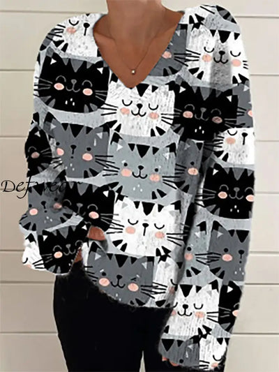 Women’s Fashion Elegant Art Print V-Neck Long Sleeve Knitted Sweater A / S