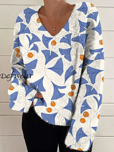 Women’s Fashion Elegant Art Print V-Neck Long Sleeve Knitted Sweater A / S