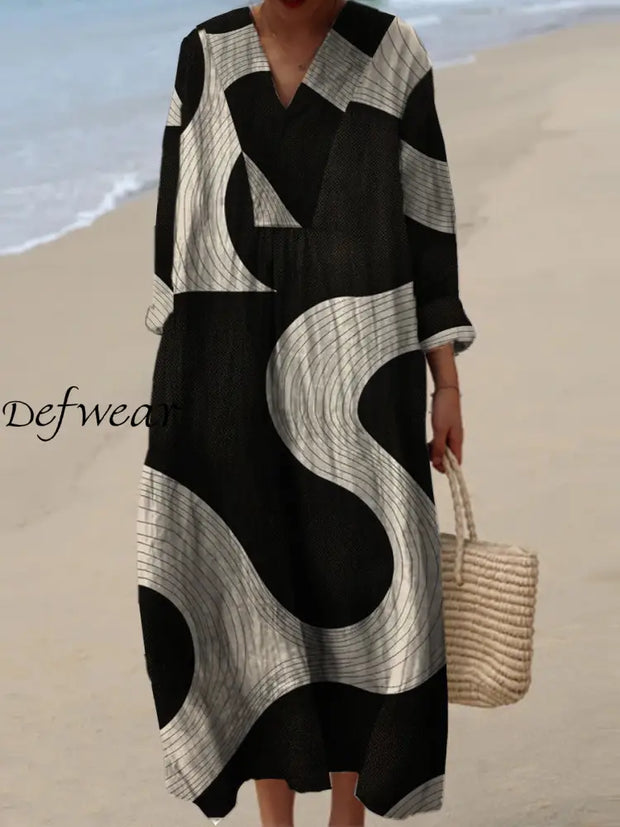 Women’s Fashion Elegant Art Print V-Neck Long Sleeve Maxi Dress A / S