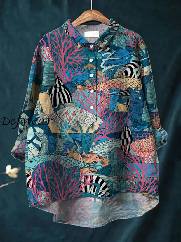 Women’s Fashion Elegant Art Print V-Neck Long Sleeve Pocket Button Shirt Tops A / S