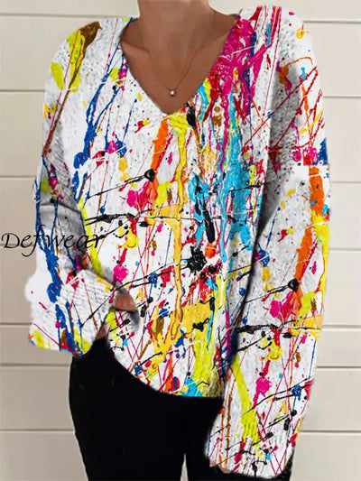 Women’s Fashion Elegant Art Print V-Neck Long Sleeve Sweater A / S