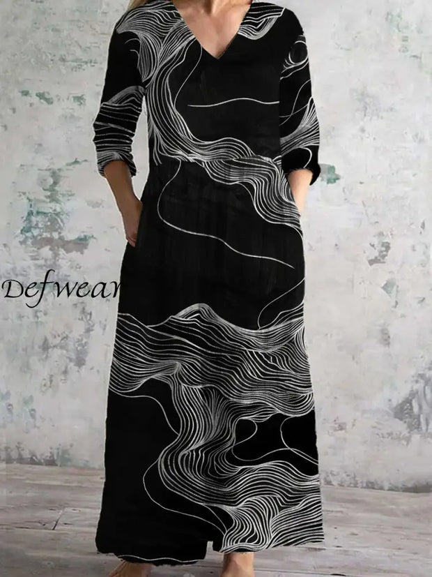 Women’s Fashion Elegant Art Print V-Neck Three-Quarter Sleeves Long Dress A / S