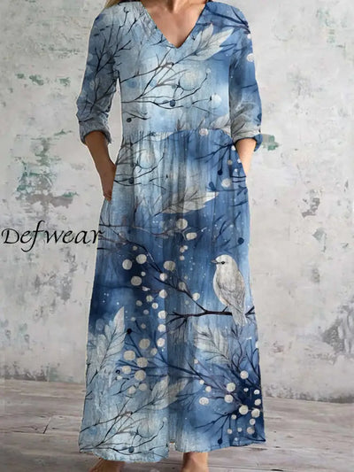 Women’s Fashion Elegant Art Print V-Neck Three Quarter Sleeves Long Dress A / S