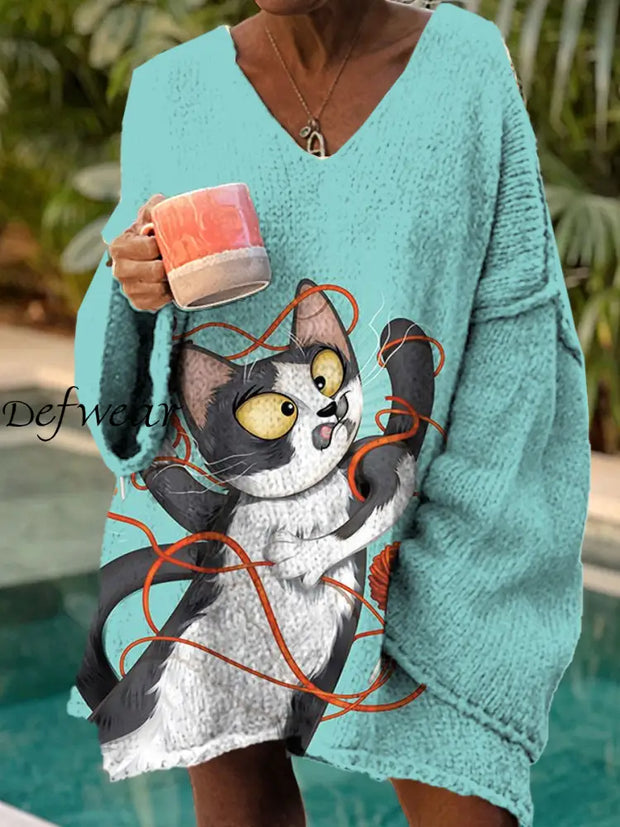 Women’s Fashion Elegant Artistic Cat Print V-Neck Long Sleeve Sweater A / S