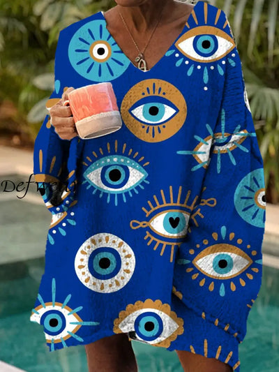 Women’s Fashion Elegant Artistic Eyes Printed Long Sleeve V-Neck Sweater A / S