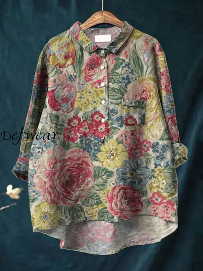 Women’s Fashion Elegant Artistic Floral Print Long Sleeve V-Neck Button Pocket Shirt Tops A / S